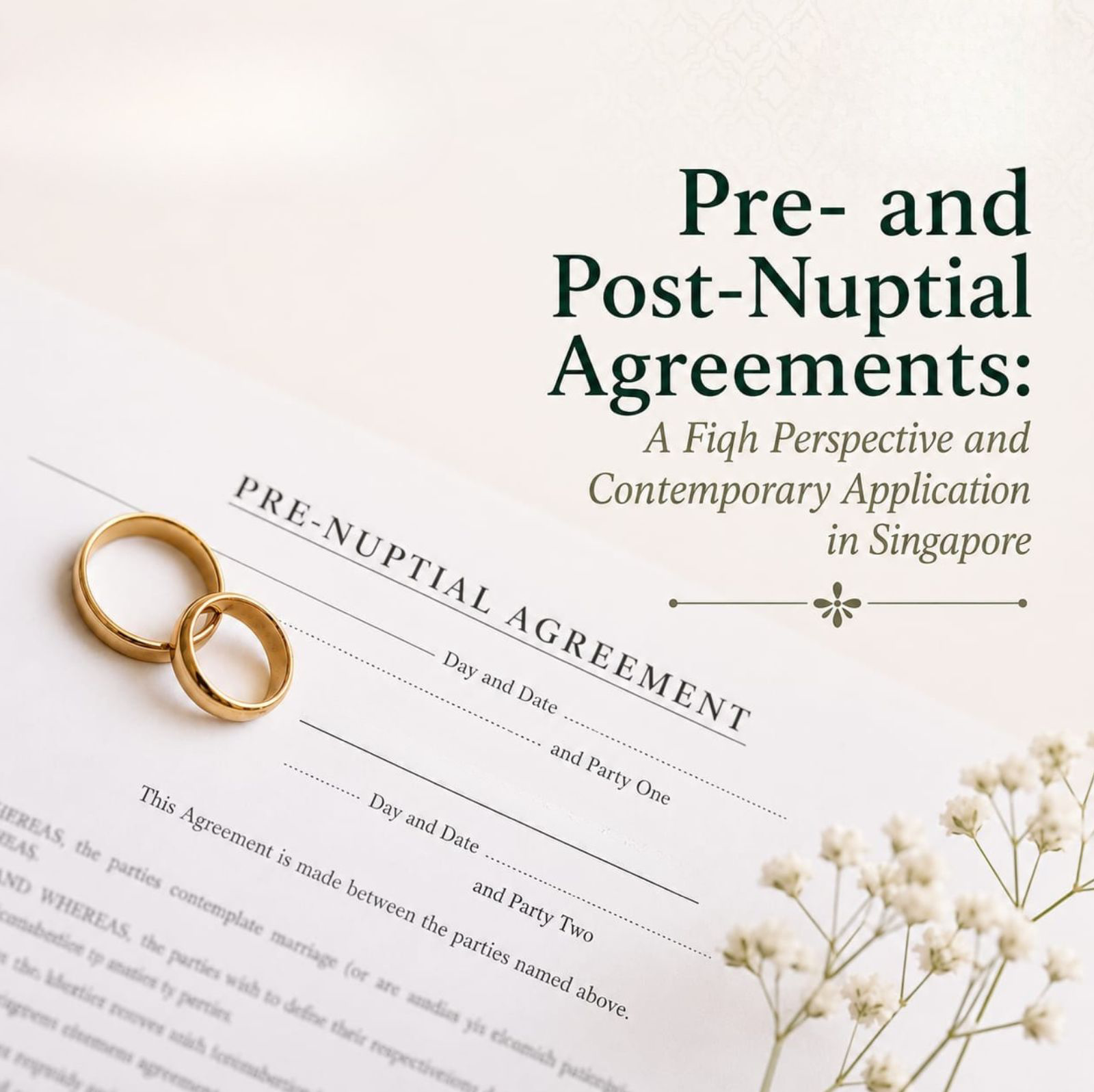An open Islamic marriage contract with a gold pen and two wedding rings on warm parchment