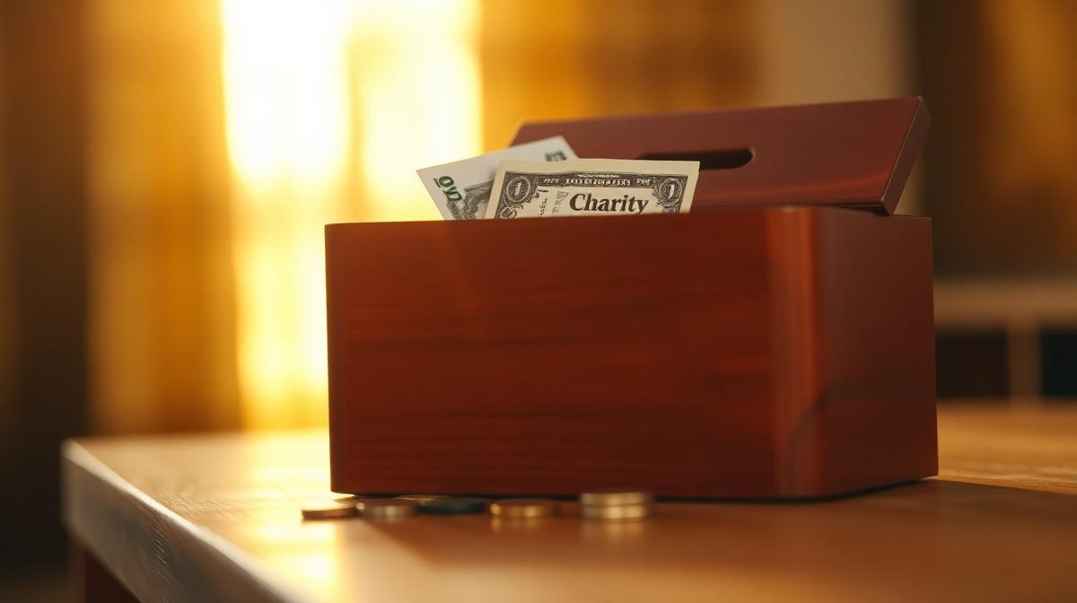 Wooden charity donation box with coins and notes in warm golden light