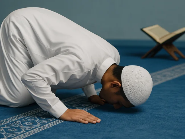 Muslim man in prostration during prayer on a blue prayer mat with Quran in background