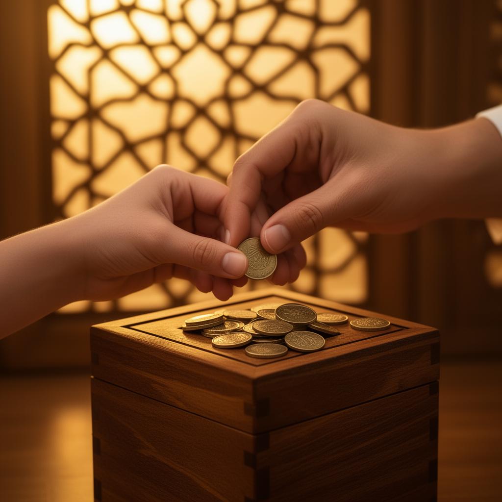Hands placing coins into a wooden charity box with warm golden light