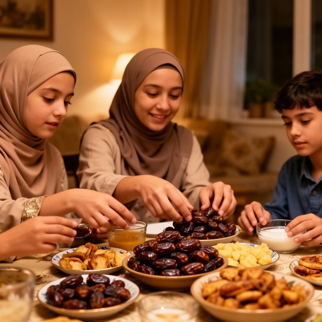 Muslim family preparing iftar together with dates and food on a table