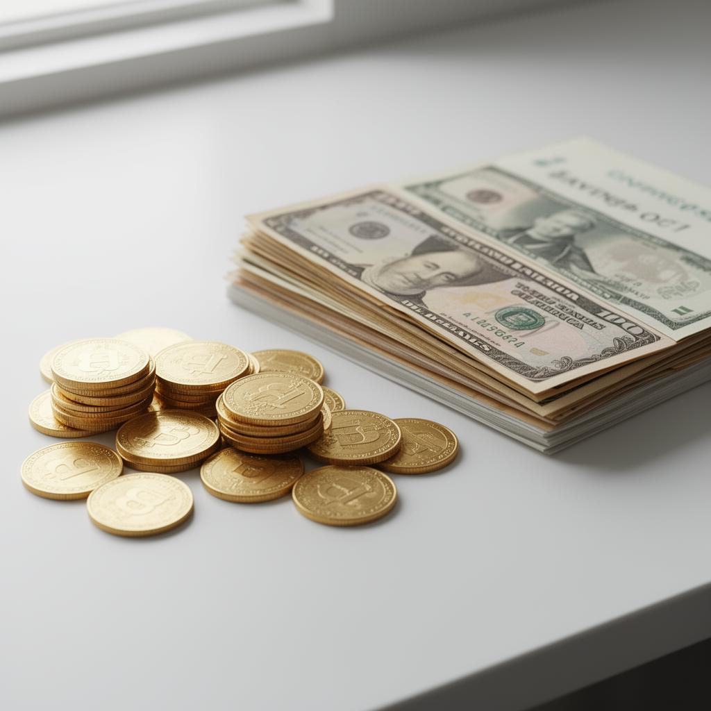 Gold coins and currency notes beside a savings book on a clean desk